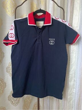 Authentic Gucci Navy Polo with Red Double G Stripe & Stitched Emblem